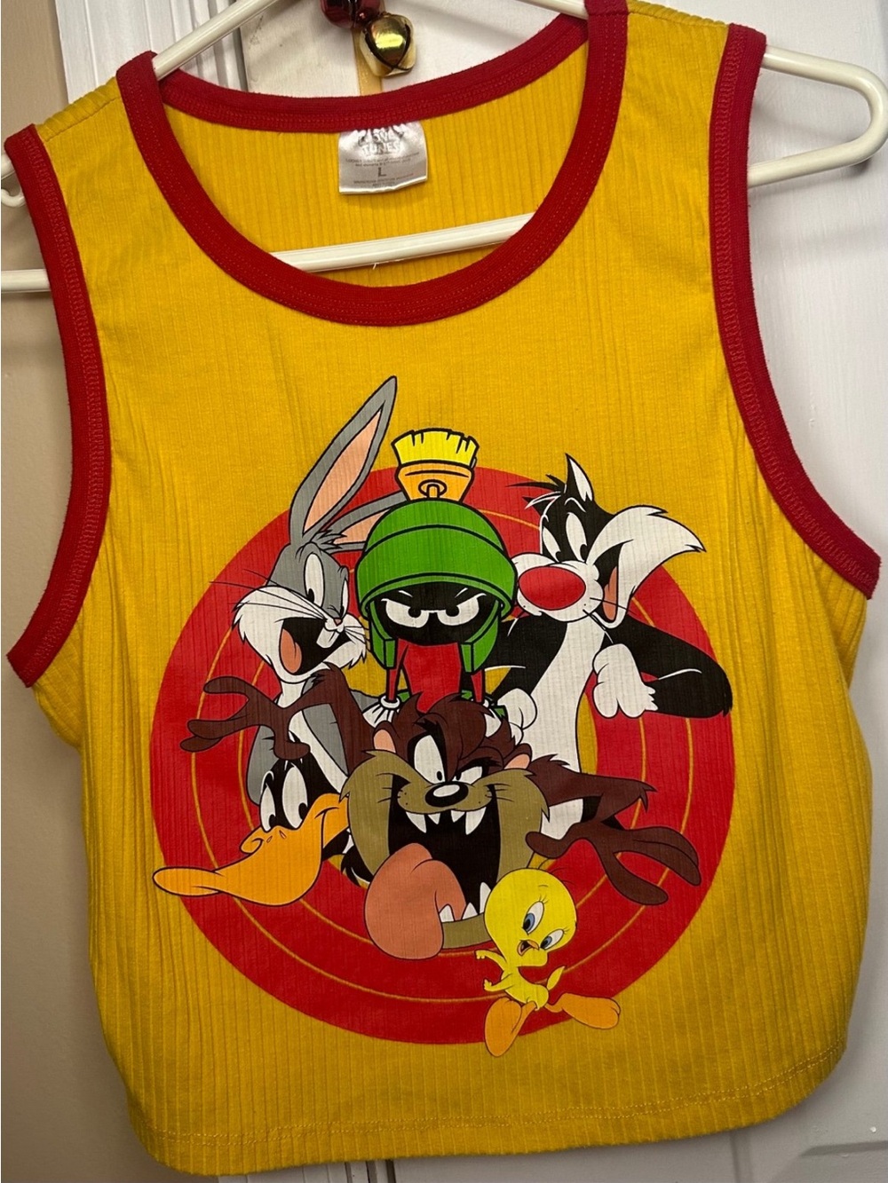 Womens Yellow Looney Tunes Graphic Tank Top - Red Trim- CROPPED